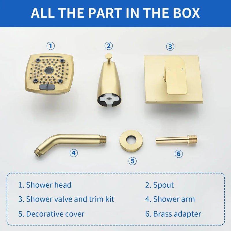 5-setting Tub and Shower Faucet Single-Handle shower trim kit with 5 in. square rain head shower and diverter tub spout 5-setting-tub-and-shower-faucet-single-handle-shower-trim-kit-with-5-in-square-rain-head-shower-and-diverter-tub-spout 