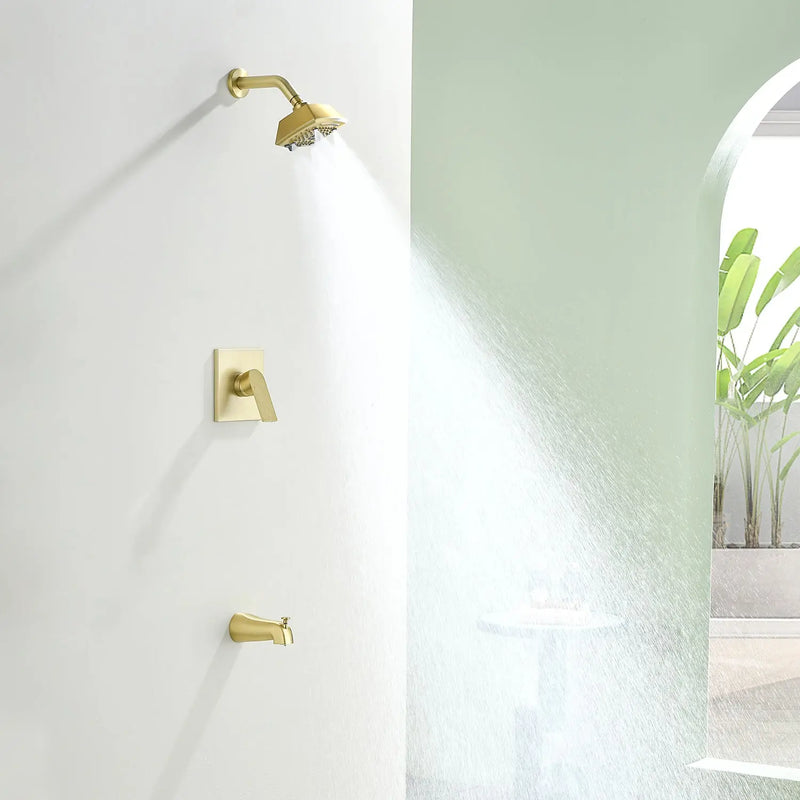 5-setting Tub and Shower Faucet Single-Handle shower trim kit with 5 in. square rain head shower and diverter tub spout 5-setting-tub-and-shower-faucet-single-handle-shower-trim-kit-with-5-in-square-rain-head-shower-and-diverter-tub-spout Brushed Gold / Brass & SUS304 & ABS / 17.2*10.1*5.4 inch