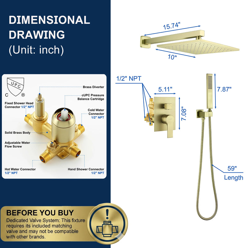 SHAMANDA Shower System Brass 10 Inch Bathroom Shower Faucet Combo Set with Handheld Spray Dual Functions Wall Mount