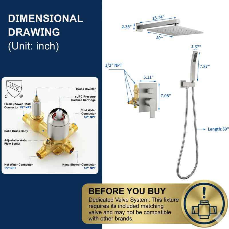 SHAMANDA Shower System Brass 10 Inch Bathroom Shower Faucet Combo Set with Handheld Spray Dual Functions Wall Mount