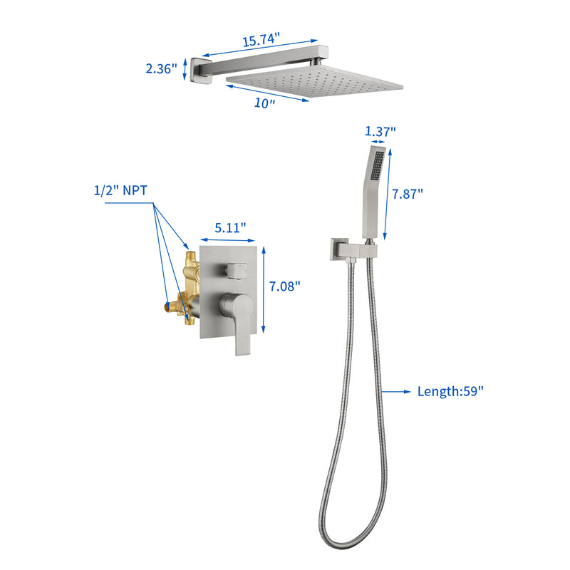 SHAMANDA Shower System Brass 10 Inch Bathroom Shower Faucet Combo Set with Handheld Spray Dual Functions Wall Mount