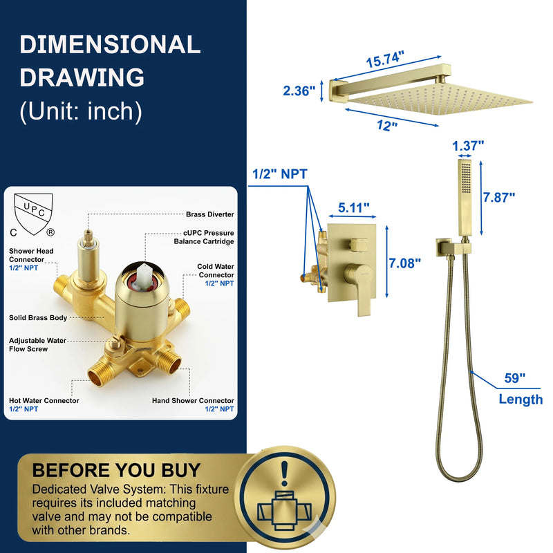 Brass Rainfall Shower System, Luxuly Bathroom Shower Faucet Combo Set Brushed Champaign