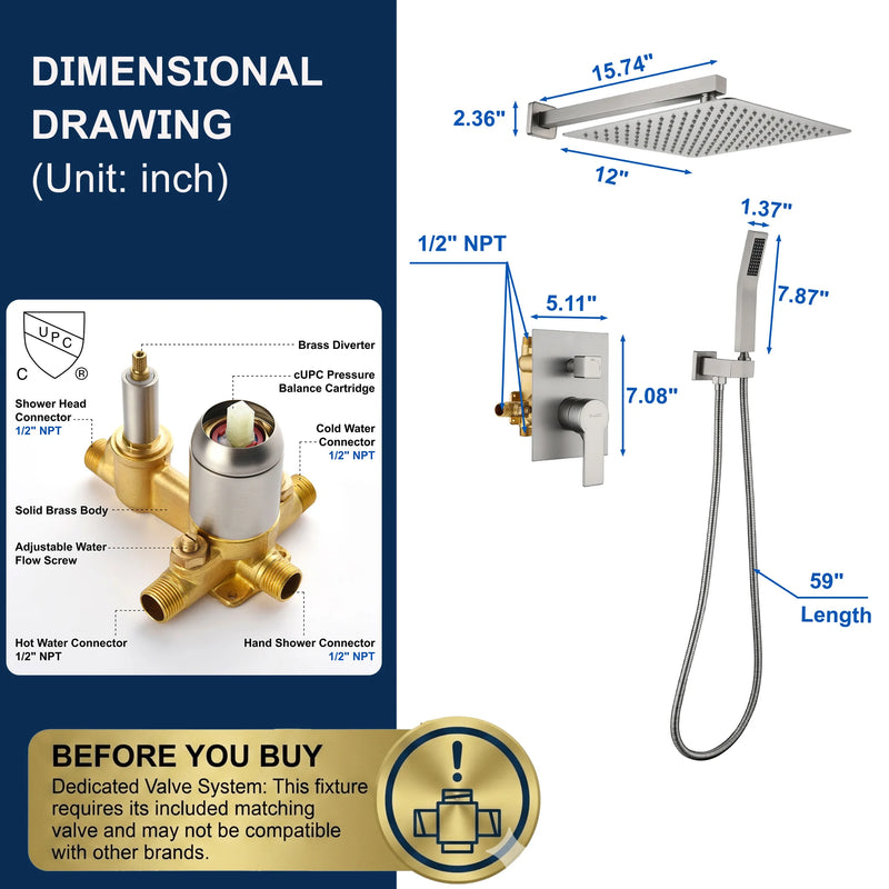 Brass Rainfall Shower System, Luxuly Bathroom Shower Faucet Combo Set Brushed Champaign