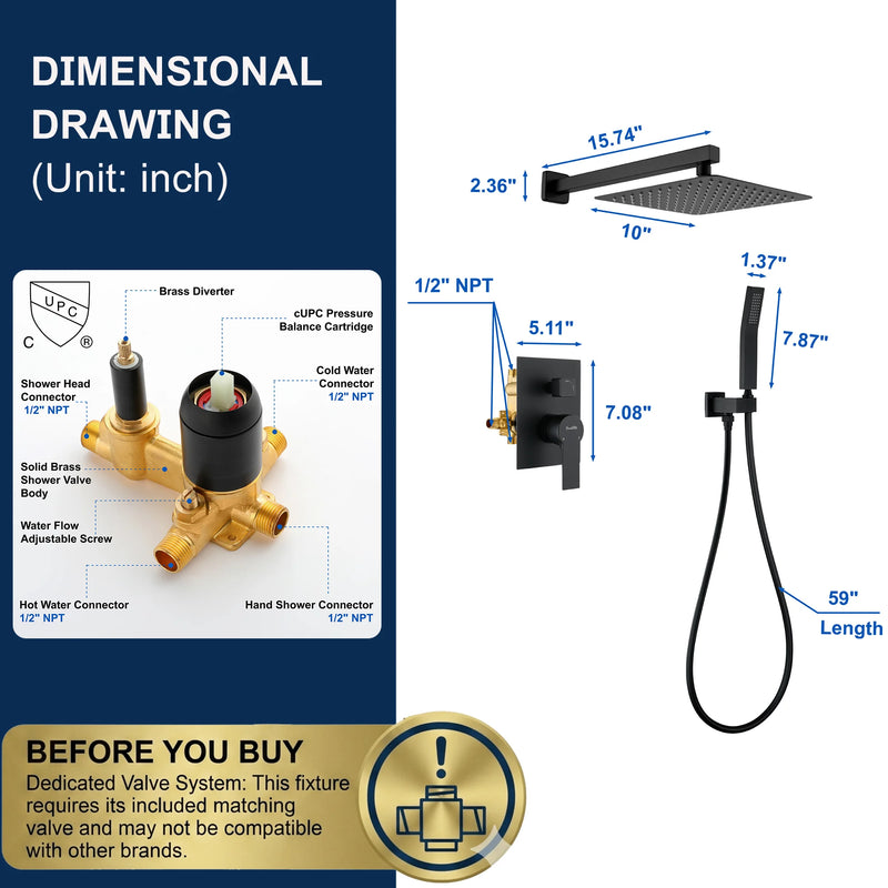 SHAMANDA Premium Matte Black Rainfall Shower System 10 Inch Luxury Bathroom Shower Set