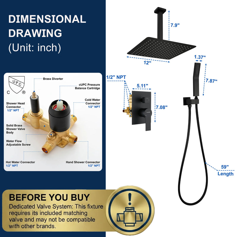Ceiling Mounted Rain Shower System, SHAMANDA Luxury Brass Shower Faucet Set with 12 Inch Shower Head and Hand Shower