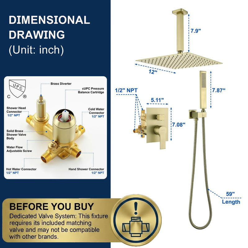 Ceiling Mounted Rain Shower System, SHAMANDA Luxury Brass Shower Faucet Set with 12 Inch Shower Head and Hand Shower