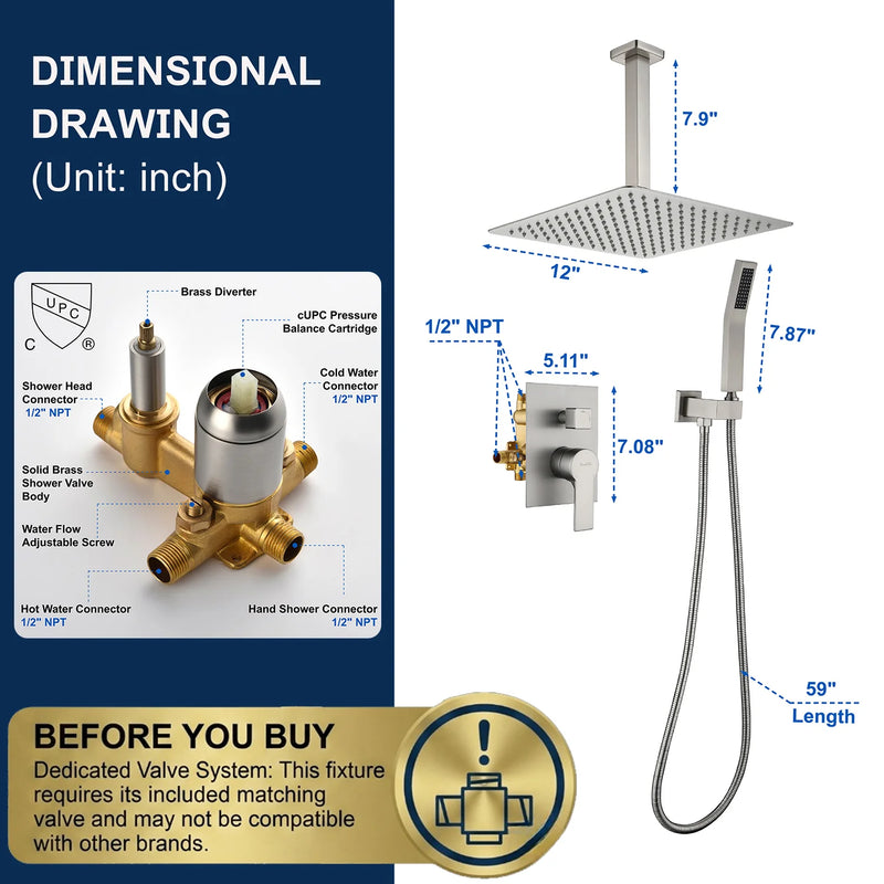 Ceiling Mounted Rain Shower System, SHAMANDA Luxury Brass Shower Faucet Set with 12 Inch Shower Head and Hand Shower