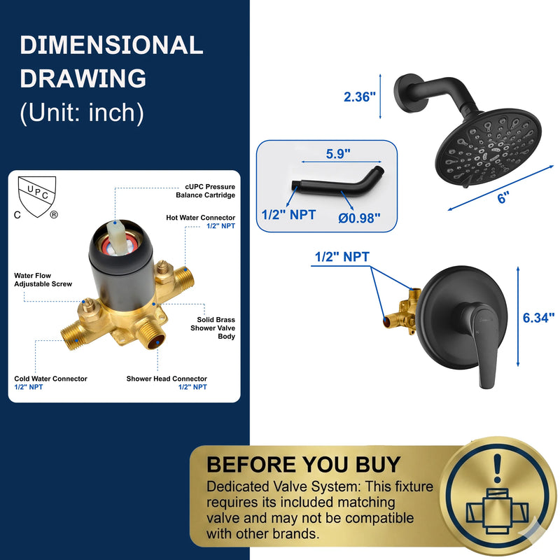 Single Function Pressure Balancing Shower System with 6 Inch 6-Spray ABS Shower Head in Matte Black
