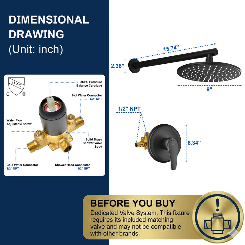 Round Shower Faucets Sets Complete, Single Function Shower trim kit with 9 inch ABS rain shower head