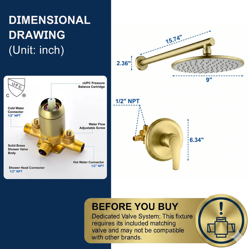 Round Shower Faucets Sets Complete, Single Function Shower trim kit with 9 inch ABS rain shower head