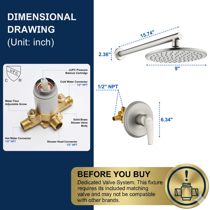 Round Shower Faucets Sets Complete, Single Function Shower trim kit with 9 inch ABS rain shower head