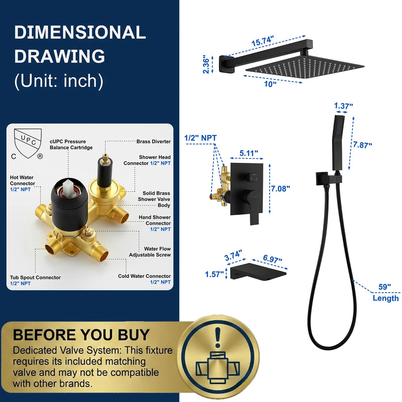 Shower System with Waterfall Tub Spout and Handheld Shower Head, 10" Rain Shower Faucet Sets