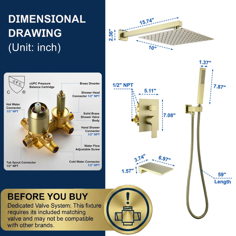 Shower System with Waterfall Tub Spout and Handheld Shower Head, 10" Rain Shower Faucet Sets