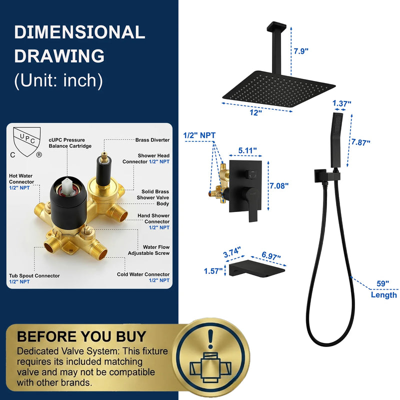 1-handle 3 way Rain Shower System with Handheld Shower, 12" Ceiling Mounted Overhead Shower & Waterfall Bath Spout