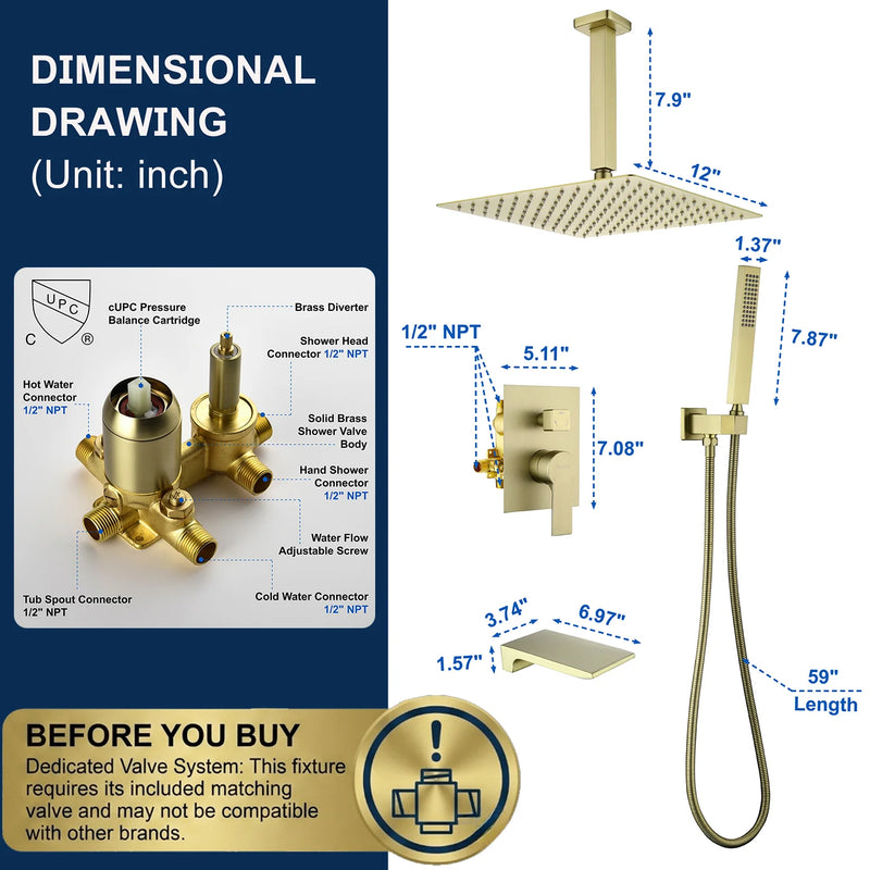 1-handle 3 way Rain Shower System with Handheld Shower, 12" Ceiling Mounted Overhead Shower & Waterfall Bath Spout