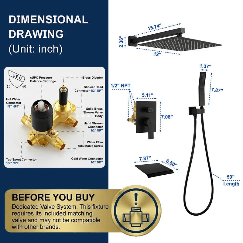 12 Inch Black Shower System Faucet 3-Function Waterfall Tub Complete with Matte Spout Set Square Luxury Wall Mount Rain Mixer