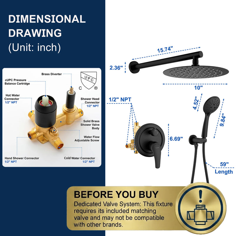 Two way Bathroom Shower Faucet Set with 10 inch Round ultra slim shower head & 5-Spray Hand Shower - Brushed Gold, Brushed Nickel, Matte Black
