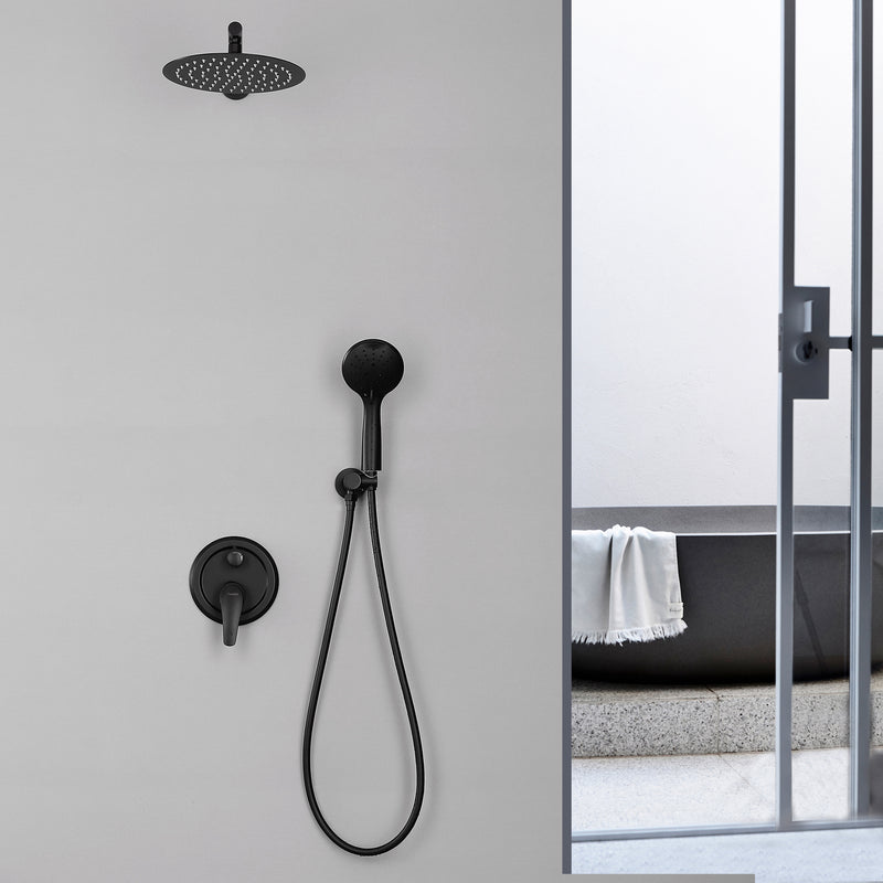 Two way Bathroom Shower Faucet Set with 10 inch Round ultra slim shower head & 5-Spray Hand Shower - Brushed Gold, Brushed Nickel, Matte Black