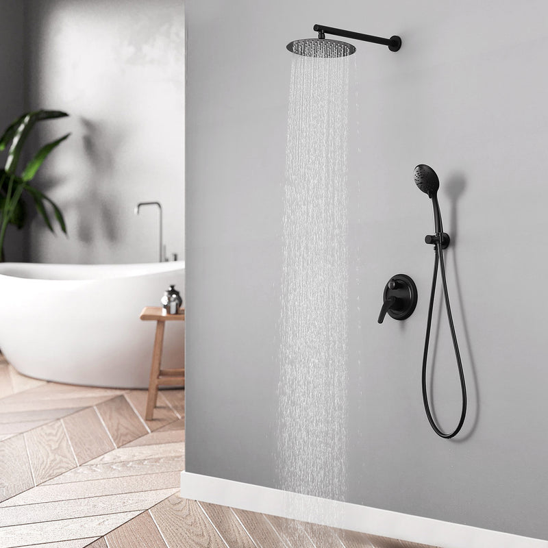 Two way Bathroom Shower Faucet Set with 10 inch Round ultra slim shower head & 5-Spray Hand Shower - Brushed Gold, Brushed Nickel, Matte Black