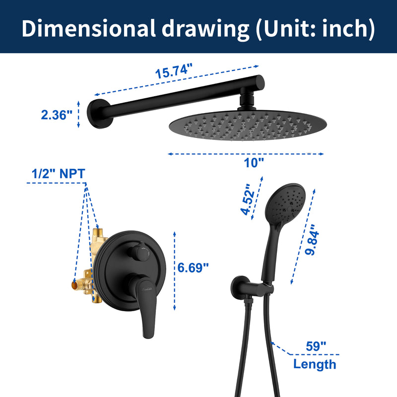 Two way Bathroom Shower Faucet Set with 10 inch Round ultra slim shower head & 5-Spray Hand Shower - Brushed Gold, Brushed Nickel, Matte Black