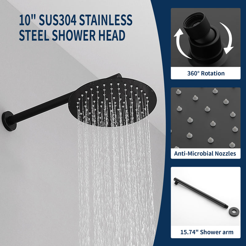 Two way Bathroom Shower Faucet Set with 10 inch Round ultra slim shower head & 5-Spray Hand Shower - Brushed Gold, Brushed Nickel, Matte Black