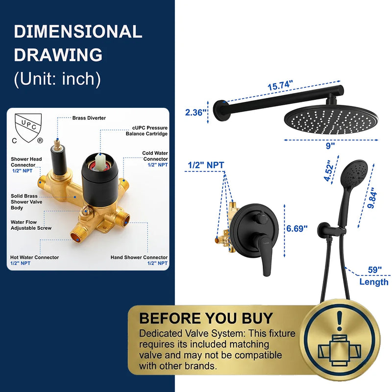 Wall Mounted Shower System Set with 9" Rain Shower head and 5-Setting High Pressure Handheld Shower