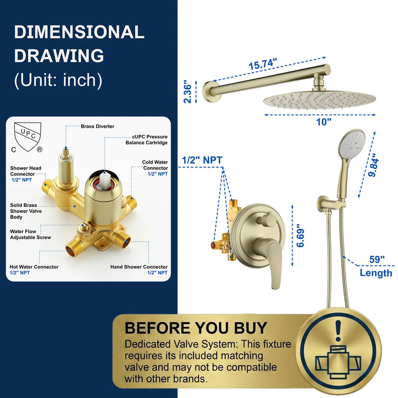 Two way Bathroom Shower Faucet Set with 10 inch Round ultra slim shower head & 5-Spray Hand Shower - Brushed Gold, Brushed Nickel, Matte Black