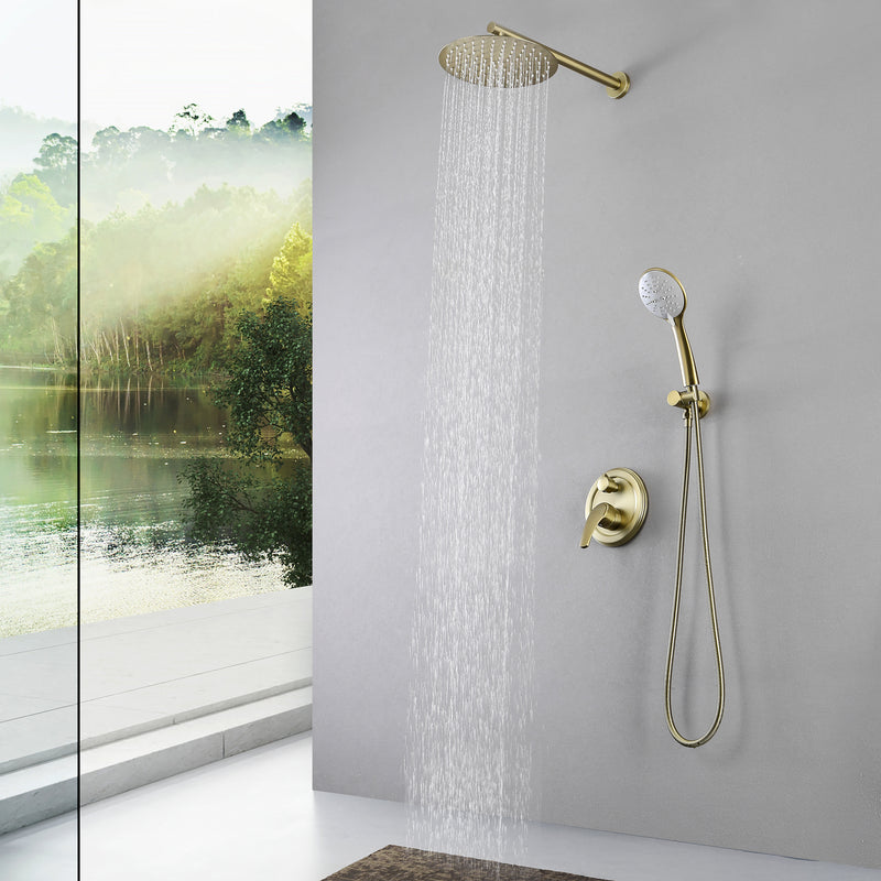 Two way Bathroom Shower Faucet Set with 10 inch Round ultra slim shower head & 5-Spray Hand Shower - Brushed Gold, Brushed Nickel, Matte Black