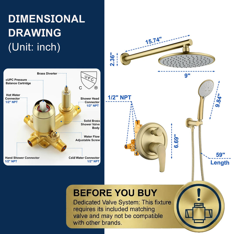 Wall Mounted Shower System Set with 9" Rain Shower head and 5-Setting High Pressure Handheld Shower