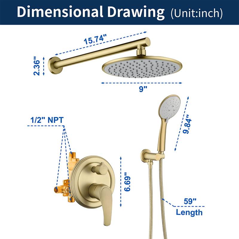 Wall Mounted Shower System Set with 9" Rain Shower head and 5-Setting High Pressure Handheld Shower