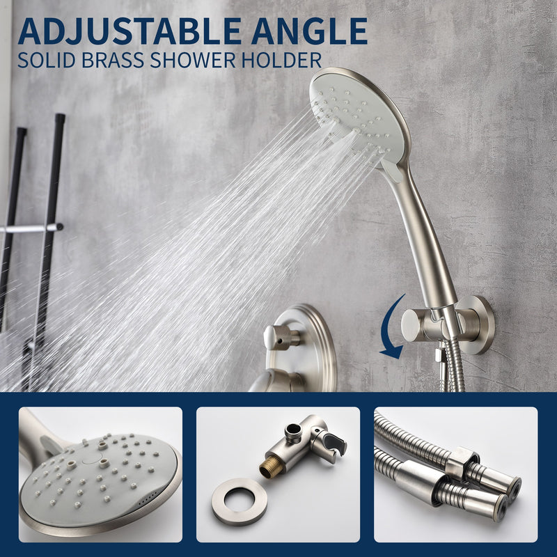 Two way Bathroom Shower Faucet Set with 10 inch Round ultra slim shower head & 5-Spray Hand Shower - Brushed Gold, Brushed Nickel, Matte Black