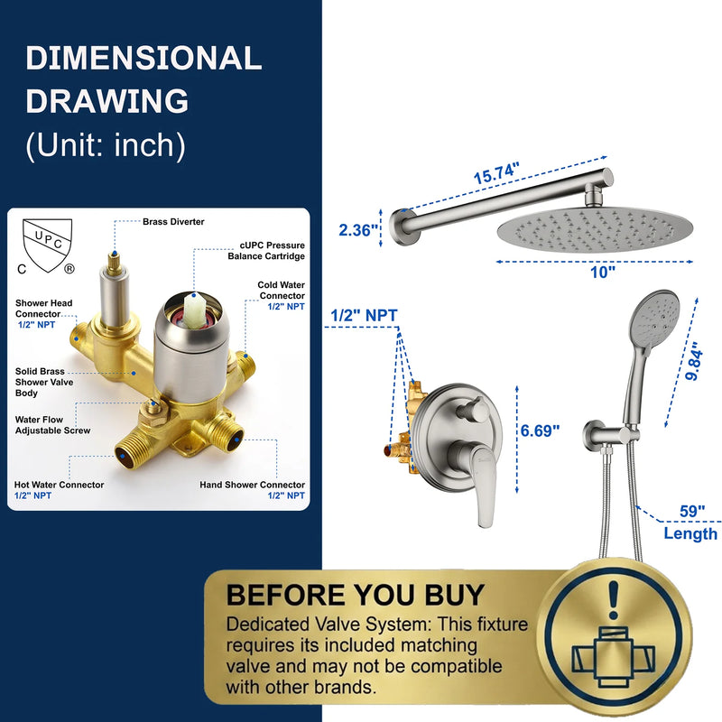 Two way Bathroom Shower Faucet Set with 10 inch Round ultra slim shower head & 5-Spray Hand Shower - Brushed Gold, Brushed Nickel, Matte Black