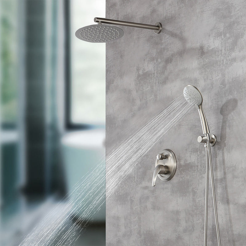 Two way Bathroom Shower Faucet Set with 10 inch Round ultra slim shower head & 5-Spray Hand Shower - Brushed Gold, Brushed Nickel, Matte Black