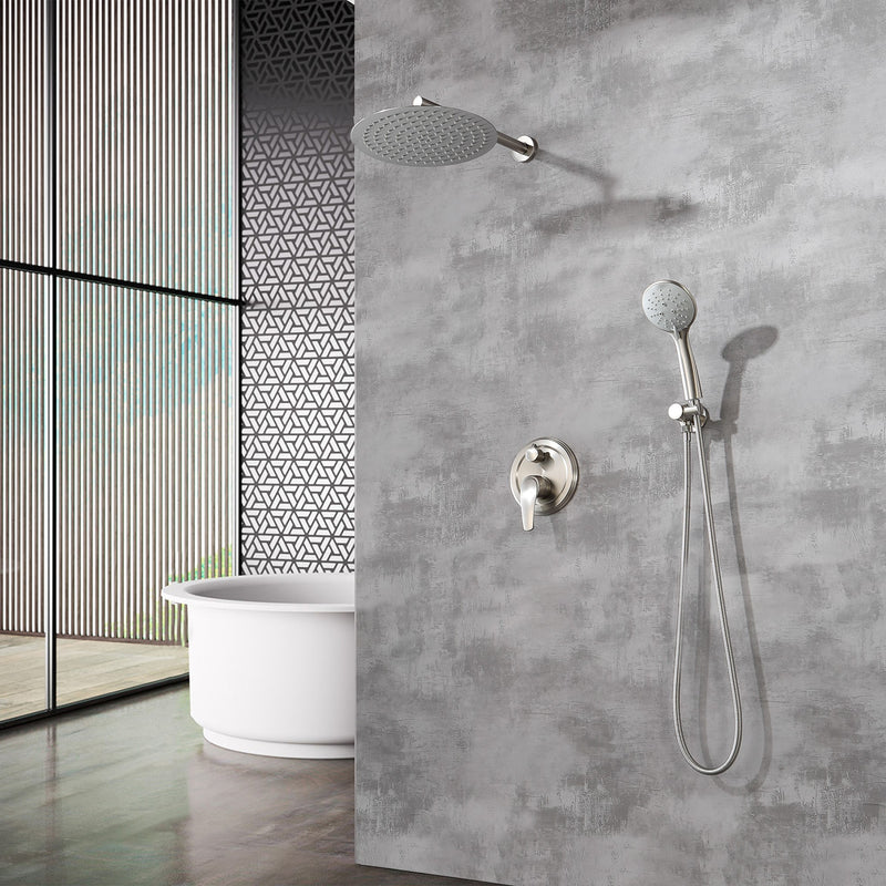 Two way Bathroom Shower Faucet Set with 10 inch Round ultra slim shower head & 5-Spray Hand Shower - Brushed Gold, Brushed Nickel, Matte Black