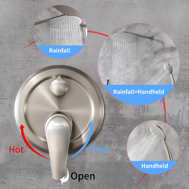 Two way Bathroom Shower Faucet Set with 10 inch Round ultra slim shower head & 5-Spray Hand Shower - Brushed Gold, Brushed Nickel, Matte Black