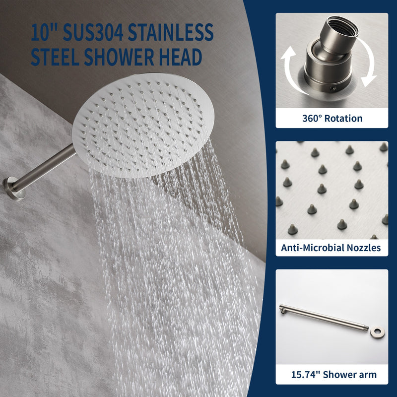 Two way Bathroom Shower Faucet Set with 10 inch Round ultra slim shower head & 5-Spray Hand Shower - Brushed Gold, Brushed Nickel, Matte Black