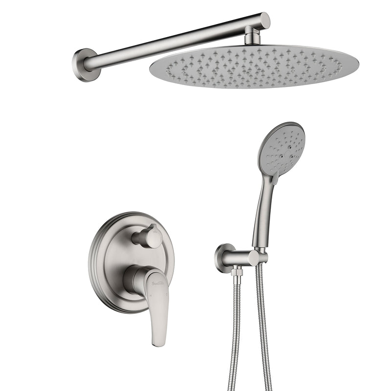 Two way Bathroom Shower Faucet Set with 10 inch Round ultra slim shower head & 5-Spray Hand Shower - Brushed Gold, Brushed Nickel, Matte Black