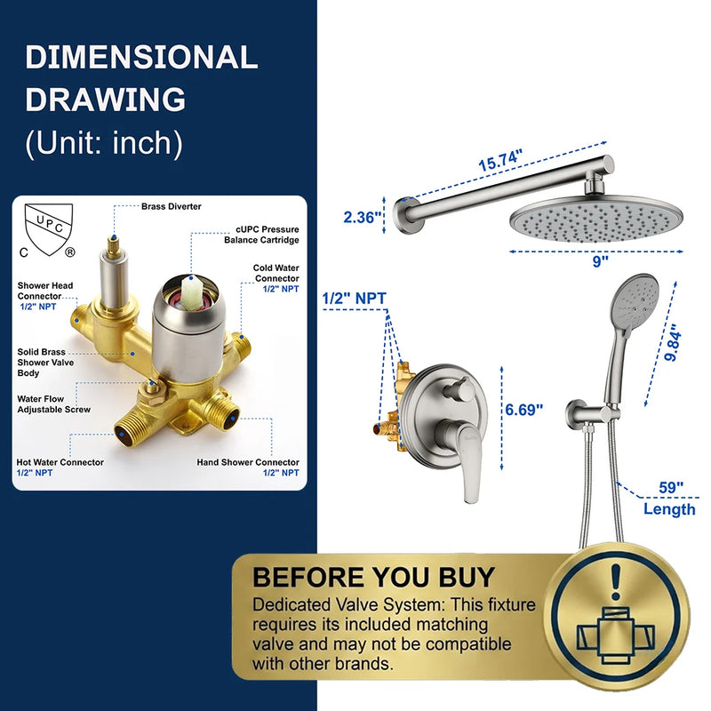Wall Mounted Shower System Set with 9" Rain Shower head and 5-Setting High Pressure Handheld Shower
