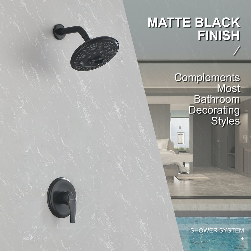 Single Function Wall Mounted Shower Trim Set with 8-inch ABS 6 Settings Shower Head - Matte Black, Brushed Nickel, Brushed Gold