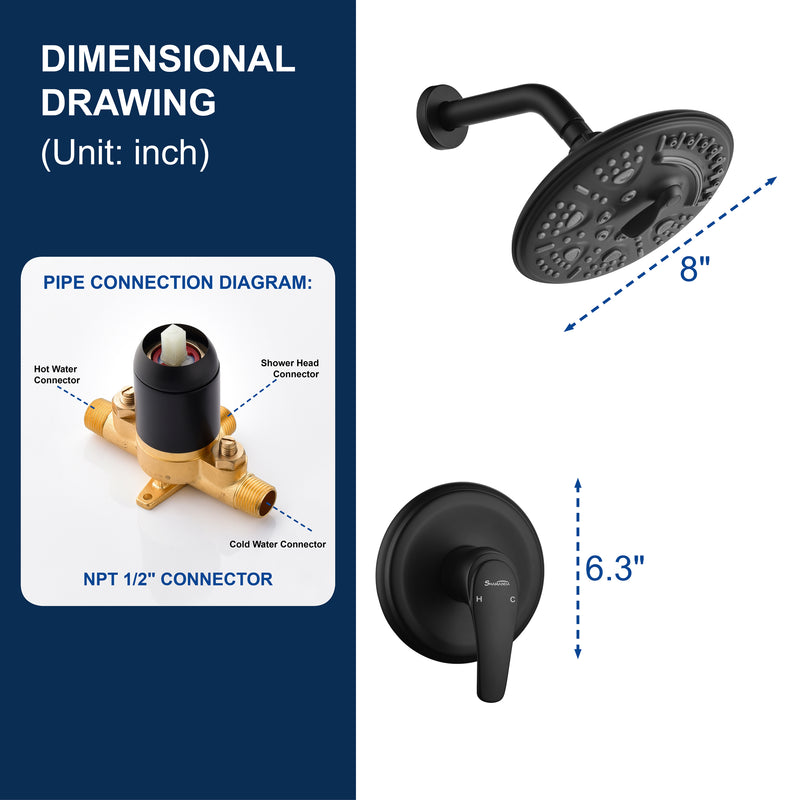 Single Function Wall Mounted Shower Trim Set with 8-inch ABS 6 Settings Shower Head - Matte Black, Brushed Nickel, Brushed Gold