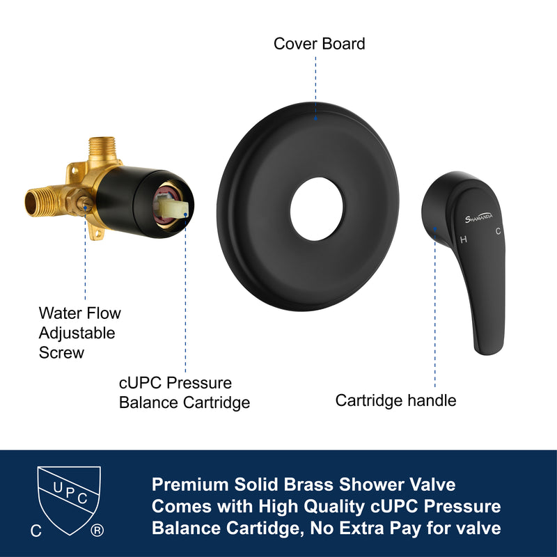 Single Function Wall Mounted Shower Trim Set with 8-inch ABS 6 Settings Shower Head - Matte Black, Brushed Nickel, Brushed Gold