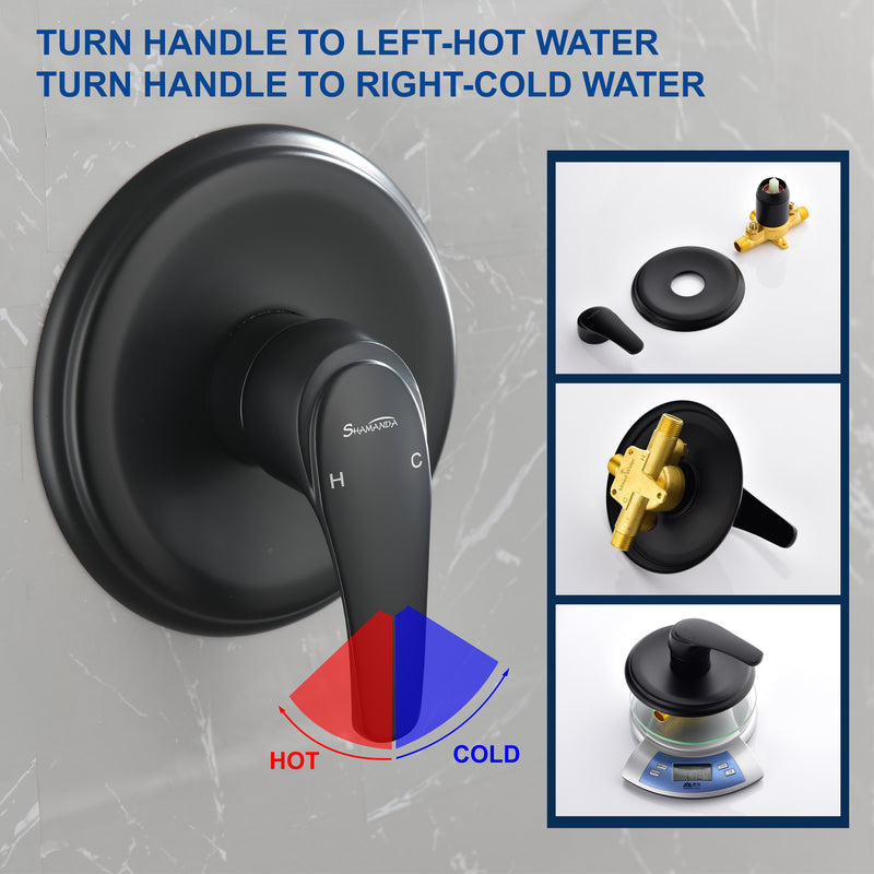 Single Function Wall Mounted Shower Trim Set with 8-inch ABS 6 Settings Shower Head - Matte Black, Brushed Nickel, Brushed Gold