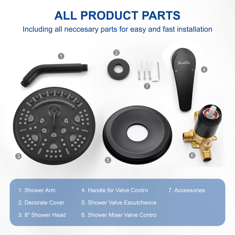 Single Function Wall Mounted Shower Trim Set with 8-inch ABS 6 Settings Shower Head - Matte Black, Brushed Nickel, Brushed Gold
