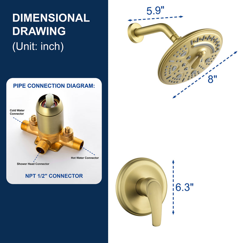 Single Function Wall Mounted Shower Trim Set with 8-inch ABS 6 Settings Shower Head - Matte Black, Brushed Nickel, Brushed Gold
