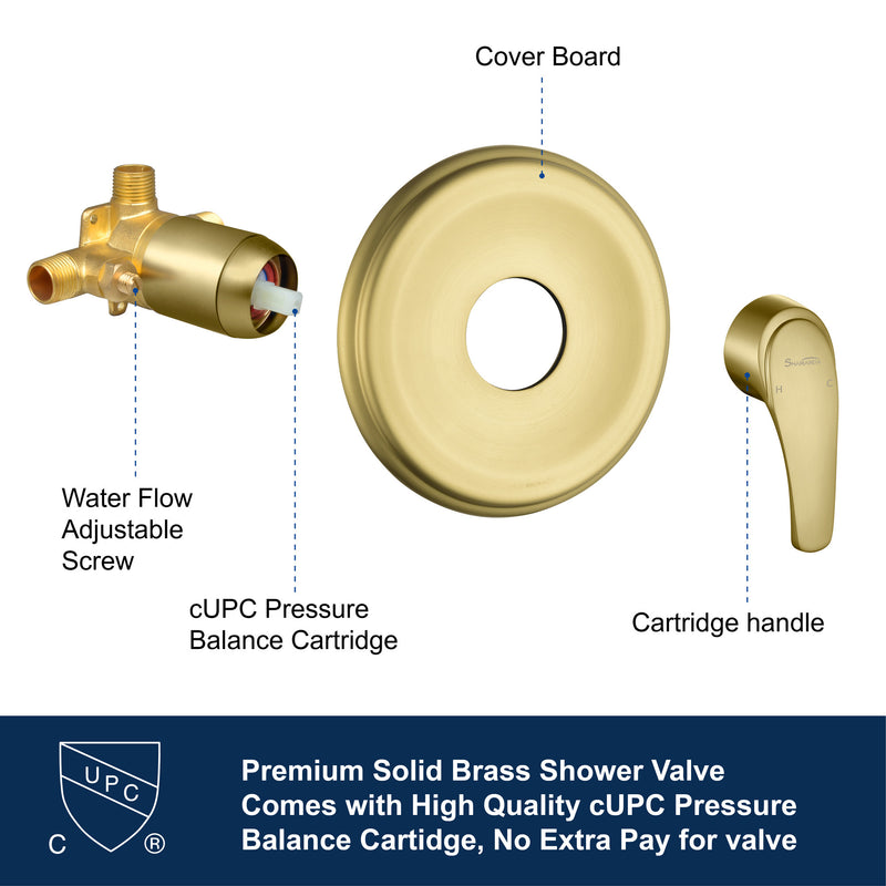 Single Function Wall Mounted Shower Trim Set with 8-inch ABS 6 Settings Shower Head - Matte Black, Brushed Nickel, Brushed Gold