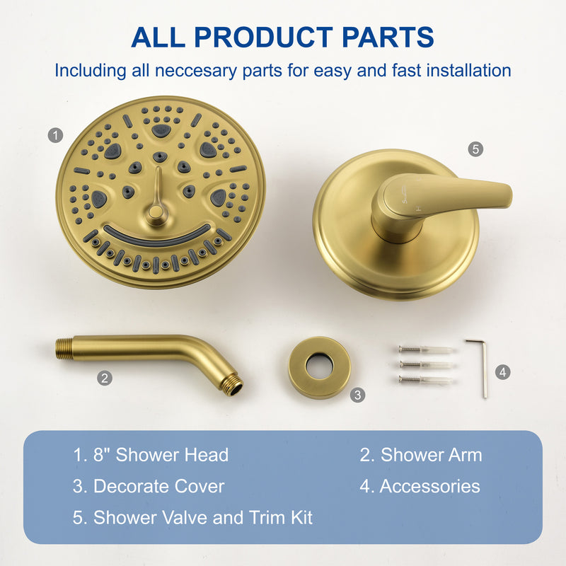 Single Function Wall Mounted Shower Trim Set with 8-inch ABS 6 Settings Shower Head - Matte Black, Brushed Nickel, Brushed Gold