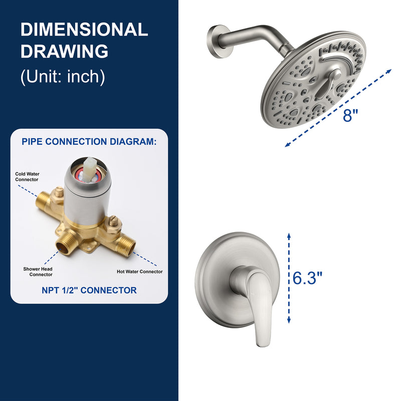 Single Function Wall Mounted Shower Trim Set with 8-inch ABS 6 Settings Shower Head - Matte Black, Brushed Nickel, Brushed Gold