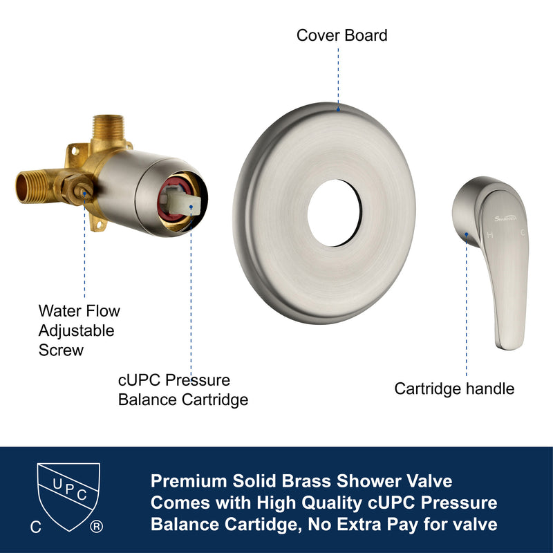 Single Function Wall Mounted Shower Trim Set with 8-inch ABS 6 Settings Shower Head - Matte Black, Brushed Nickel, Brushed Gold
