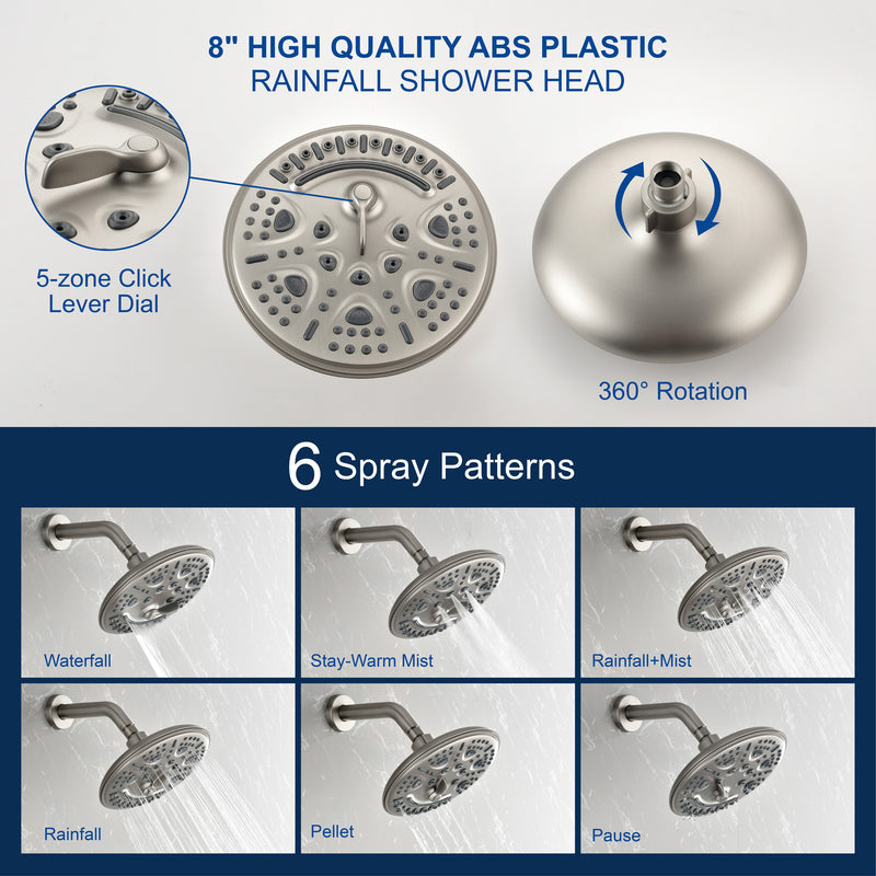Single Function Wall Mounted Shower Trim Set with 8-inch ABS 6 Settings Shower Head - Matte Black, Brushed Nickel, Brushed Gold
