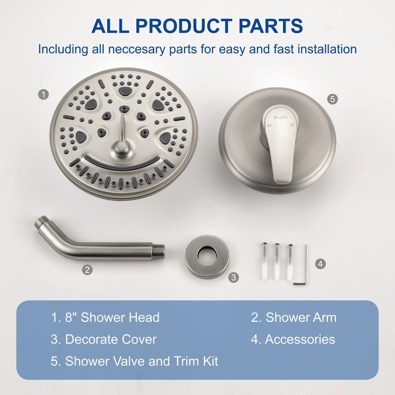 Single Function Wall Mounted Shower Trim Set with 8-inch ABS 6 Settings Shower Head - Matte Black, Brushed Nickel, Brushed Gold